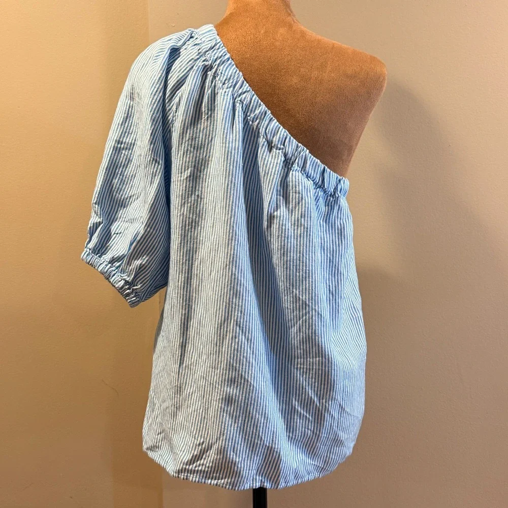 LOFT NWT One Shoulder Top Womens MP Blue‎ Striped Linen Blend Resortwear Preppy